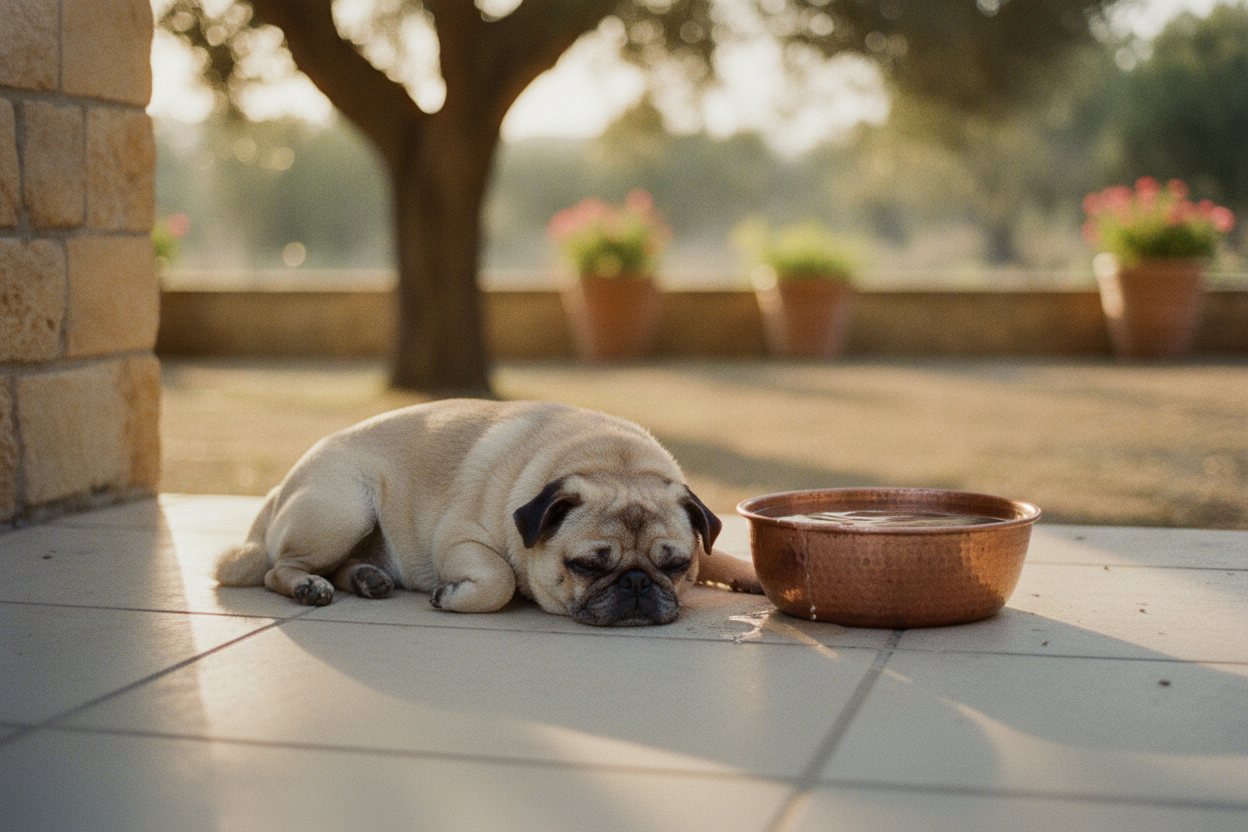 A pug resting in cool shade beside a water bowl